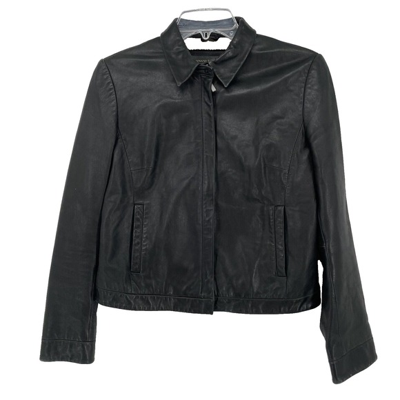 Banana‎ Republic Women's Black Leather Jacket Size Small Cropped Short Sleek - Picture 1 of 16